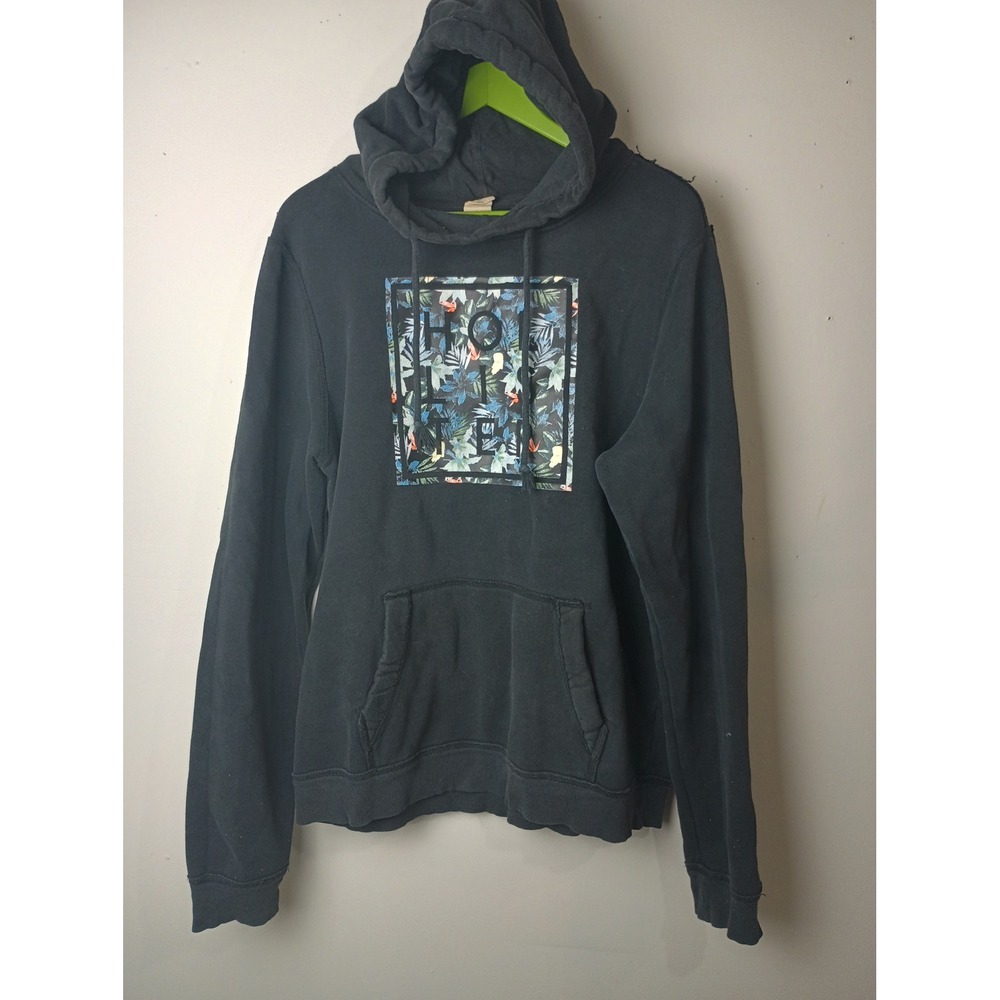 Hollister California Mens XL Hoodie Faded Black Vintage Y2K Floral Logo Pullover